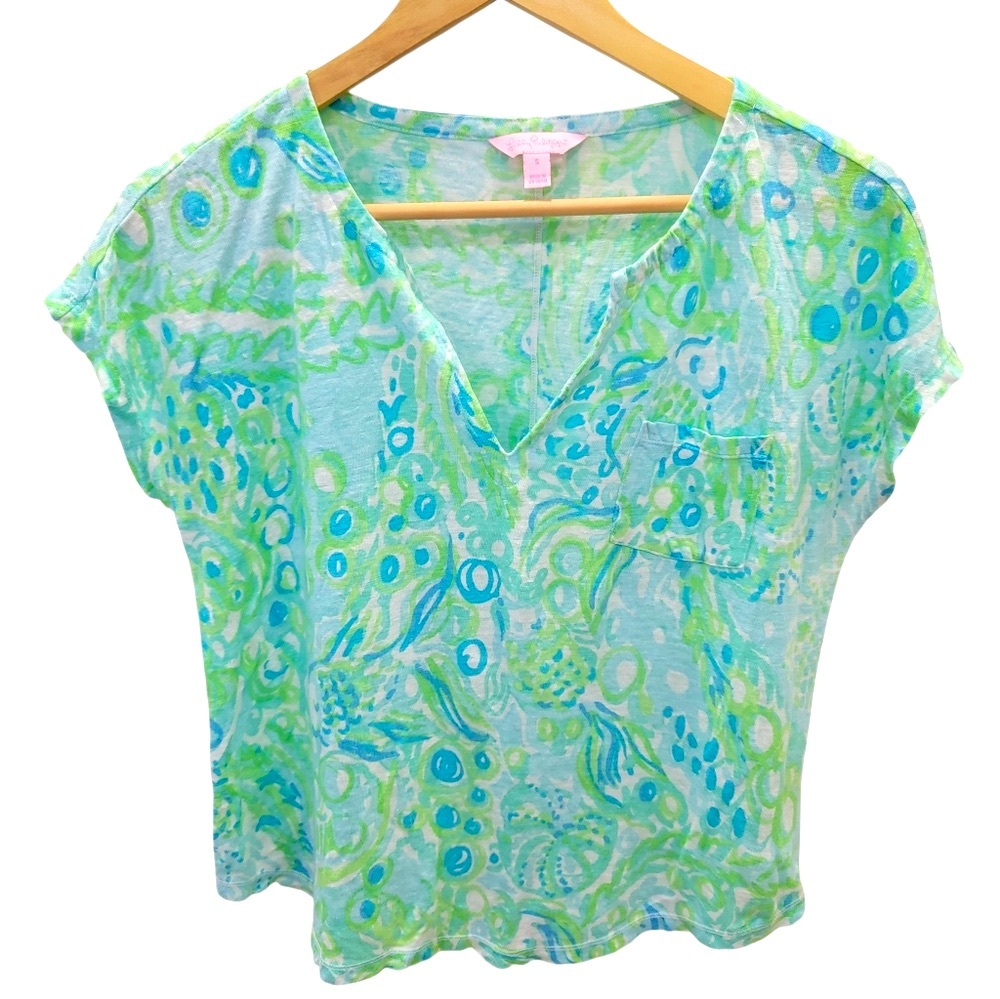 Lilly Pulitzer Linen Duval Notch Top Green Blue Cap Sleeve T-Shirt Women’s Small - Picture 14 of 15